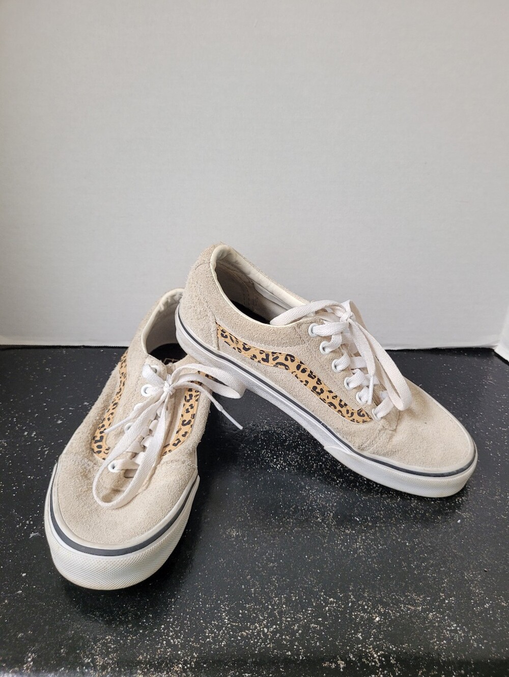 Vans Ward Low sneakers in an off-white/marshmallow suede with leopard print
